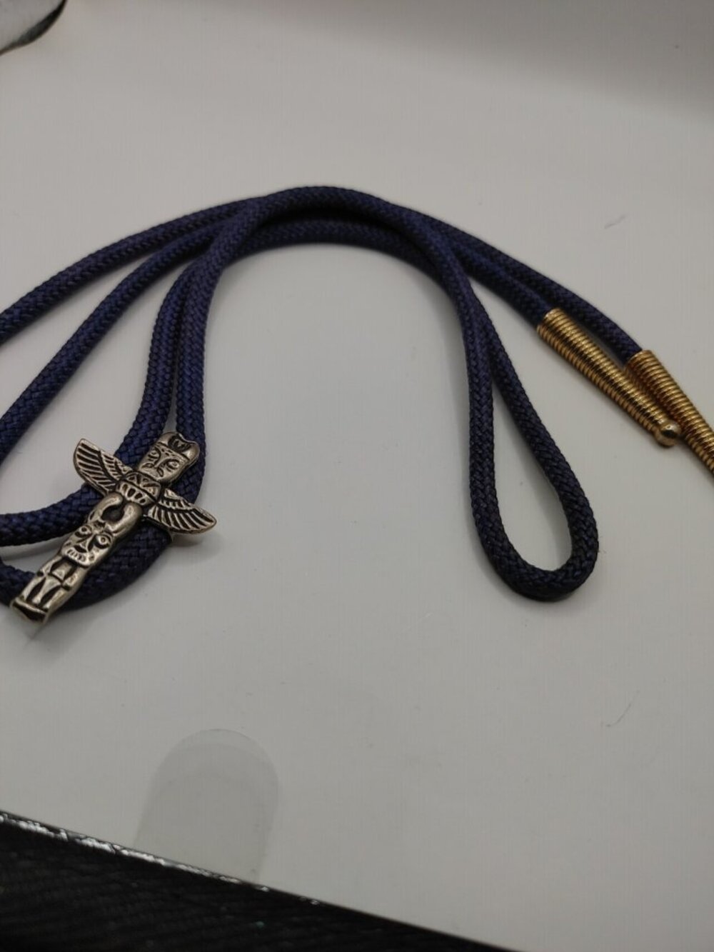 BOLO TIE Silver- Tone CLOTH CORD Totem Pole  gold- tone tips VTG